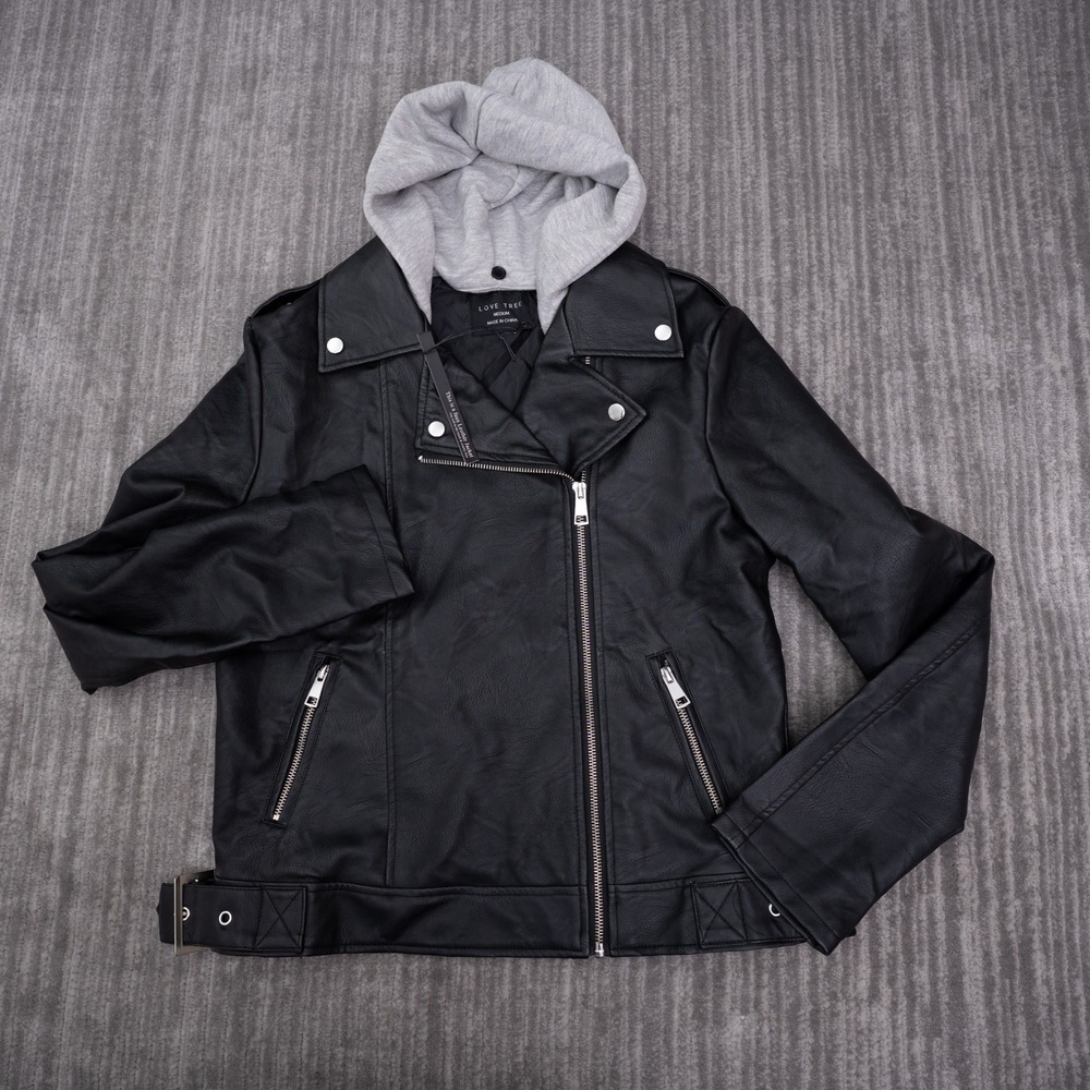 Love Tree Moto Jacket Women Medium Black New Faux Leather Hooded Biker 8577JH